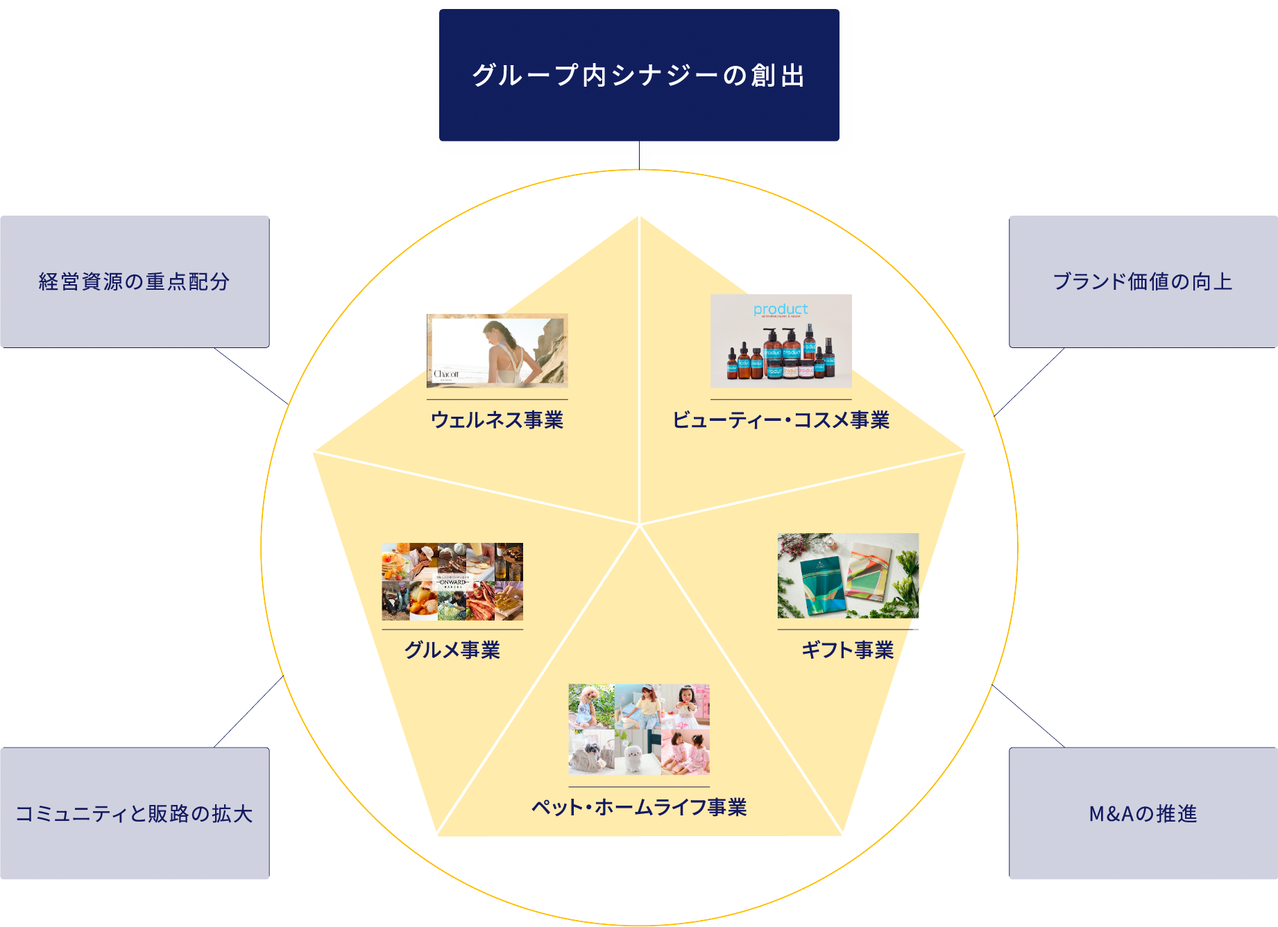 グループ内シナジーの創出 経営資源の重点配分 コミュニティと販路の拡大 ブランド価値の向上 M&Aの推進 ウェルネス事業 ビューティ・コスメ事業 ギフト事業 ペット・ホームライフ事業 グルメ事業